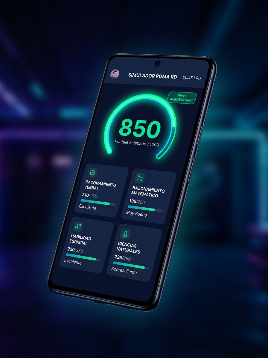 Simulador POMA RD en pantalla de smartphone mostrando puntaje de 850 puntos y áreas evaluadas